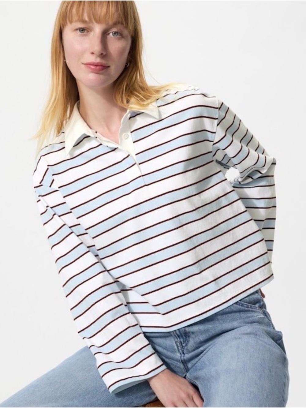 Uniqlo White Long-Sleeve Collared Tee with Light Blue and Brown Stripes
